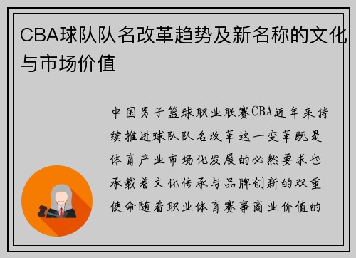 CBA球队队名改革趋势及新名称的文化与市场价值