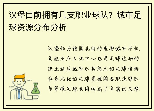汉堡目前拥有几支职业球队？城市足球资源分布分析